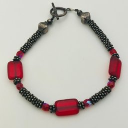 Sterling Red Stone Beaded Toggle Clasp Bracelet 11.4 G