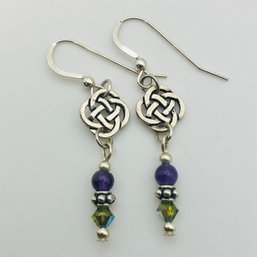Sterling Amethyst Green Bead Celtic Knot Dangle Earrings 2.3 G