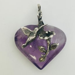 Sterling Amethyst Hummingbird Flower Heart Pendant 9.4 G