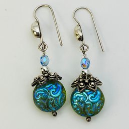 Sterling Glass Bead Flower Dangle Earrings 7.7 G