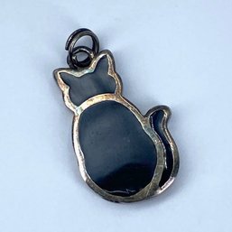 Signed Sterling Black Onyx Inlay Cat Charm 2g