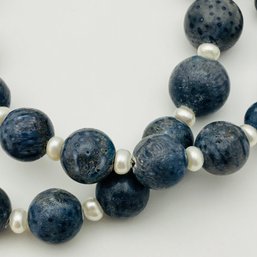 Sterling Blue Stone Pearl Necklace 46.7 G