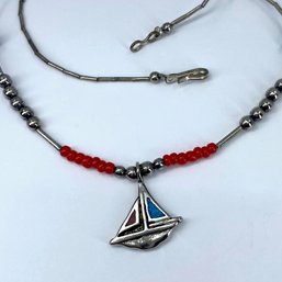 Liquid Crushed Turquoise Coral Inlay Sailboat Charm Beaded Necklace 18in 8g