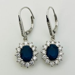 Sterling Rhinestone Halo Oval Dangle Earrings 5.5 G