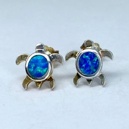 Signed Sterling Blue Opal Inlay Turtle Stud Earrings