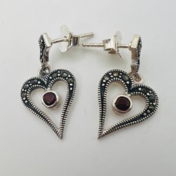 SX, MARCASITE, Sterling Heart Drop Earrings With Red Center Stone 2.63 G