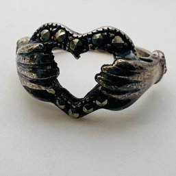 MARCASITE, Sterling Hand Holding Heart Ring Unknown Marking Size 7, 4.24 G