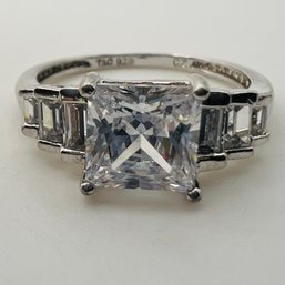 T&C, CUBIC ZIRCONIA, Sterling Princess Cut Center Stone With Baguette Cut Stones Statement Ring Size 8, 2.61 G