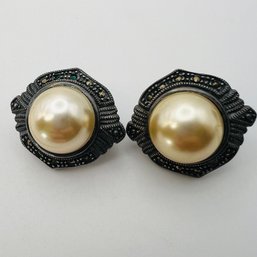 MARCASITE, Sterling Antique Faux Pearl Hinge Back Earring 16.31 G