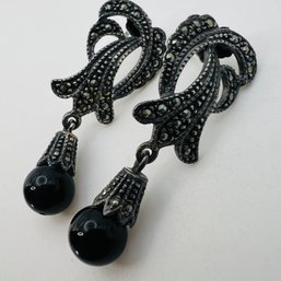 SU, MARCASITE, ONYX, Sterling Vintage Art Deco Drop Earrings 6.58 G