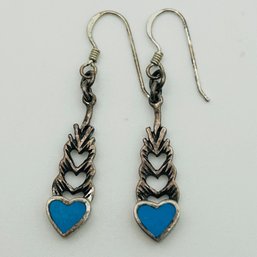 Sterling Blue Stone Heart Dangle Earrings. 3.2g