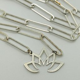 Sterling Paper Clip Chain Lotus Flower Necklace. 5.1g