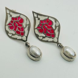 Sterling Pearl Enamel Earrings. 7.5g
