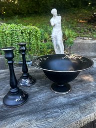 Black Glass & Sterling Silver Bowl And Candlesticks