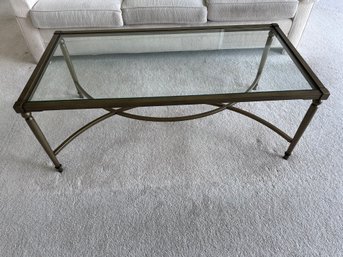 Brushed Bronze Metal Cross Bottom Glass Top Coffee Table