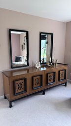 Vintage Mid-Century Modern Asian-Inspired Long Dresser & Matching Twin Mirror Set