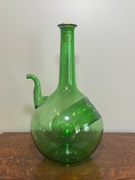 Vintage Hand-blown Green Glass Wine Chiller Bottle Decanter With An Ice Chamber.