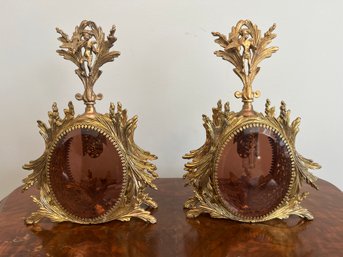 Pair Of Ormolu Gold Filigree Perfume Bottles With An Amber Glass Containers