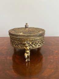 Vintage Ormolu Gold Filigree Powder Box With Cherub Accents