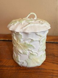 Vintage Lidded Ceramic Canister With Leaf Design