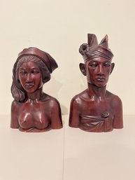 Pair Of Antique Carved Balinese Indonesian Bali Women Wood Bust Carving Sculpture .