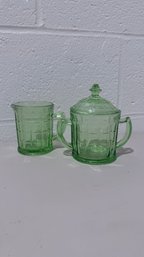 Vintage 1930s Green Uranium Glass 'Block Pattern' Creamer & Covered Sugar Bowl Set