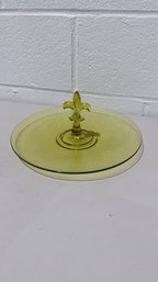 Vintage Yellow Glass Center-Handle Serving Tray With Fleur-de-Lis Finial