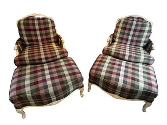 Pair Of Vintage French Country Louis XV Style Bergère Chairs Accompanied By Matching Upholstered Ottomans