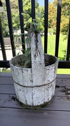 Rustic Distressed Wooden Bucket Planter With Decorative Handle