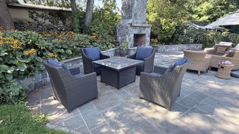 5-Piece Outdoor Wicker Patio Set With Gas Fire Pit Table & Blue Cushions
