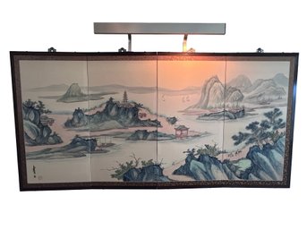 Decorative Asian-style Four-panel Folding Screen Featuring A Panoramic Landscape Painting With Mountains, Wate