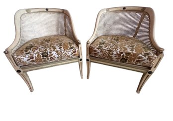 Pair Vintage Hollywood Regency Faux Bamboo Cane Barrel Lounge Chairs W/ Cushions