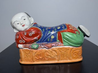 Vintage Hong Kong Hand Painted Porcelain Reclining Chinese Boy Trinket Box Jewelry Box Japan