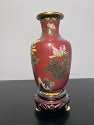 Vintage Chinese Cloisonne Enamel Vase Red Floral Brass Rim W Carved Wood Stand 7
