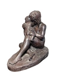 Vintage Mother & Child Sculpture Figurine Signed Resin Bronze Finish Nude Woman Art Statue