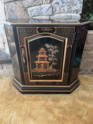 Vintage Asian Chinoiserie Black Lacquer Accent Cabinet Console Side Table Pagoda Scene