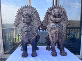 Pair Vintage Balinese Foo Dog Temple Guardian Lion Statues Carved Resin Stone Asian Decor