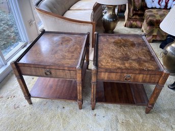 Pair Of Vintage Weiman Furniture Regency-style Burled Walnut Side Tables Featuring Faux Bamboo Legs