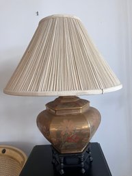 Vintage  Chinese-style Hexagonal Brass Table Lamp Featuring Hand-painted Floral Motifs And A P