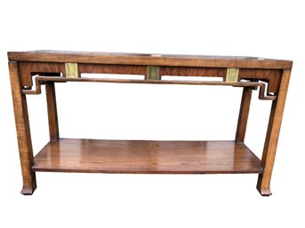 Weiman Asian Inspired Console Sofa Table Burl Wood Brass Fretwork Hollywood Regency