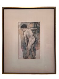 Vintage Female Nude Figure Print Etching Style Framed Mid Century Modern Wall Art