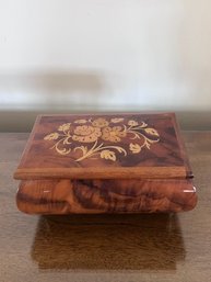 Vintage Italian Inlaid Wood Music Box Jewelry Box Reuge Style Burl Walnut Impossible Dream