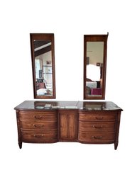 White Company Double Dresser W/ Glass Top & Mirrors  Burl Wood Center Cabinet
