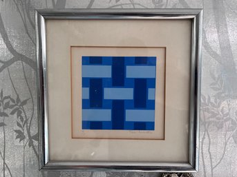 Vintage Tas Murato Signed Geometric Abstract Serigraph Print Blue Mid Century Modern 9/10 Framed