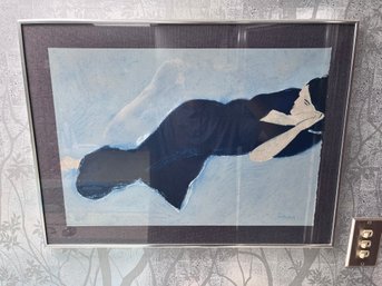 Vintage Signed Modernist Female Figure Print Framed Blue Black Minimalist Contemporary Wall Art