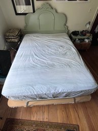 Vintage French Provincial Style Headboard, Featuring Intricate Carvings And A Painted Green Finish