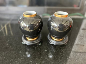 Pair Vintage Fitz & Floyd Renaissance Black Gold Bud Vases Japan 1987 Porcelain Mini Urns