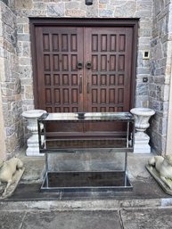 Vintage Mid Century Modern Chrome & Smoked Glass 3 Tier Console Table / Bar Cart Shelving Unit