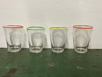 4pc Hand Blown Drinking Beverage Tumbler Glasses Multi Colored Rims Art Glass