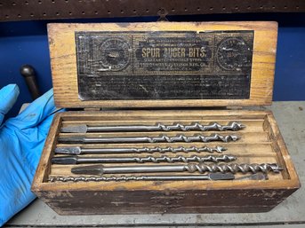 Antique Russell Jennings Spur Auger Bits Set Wood Box Original Label Brace Drill USA